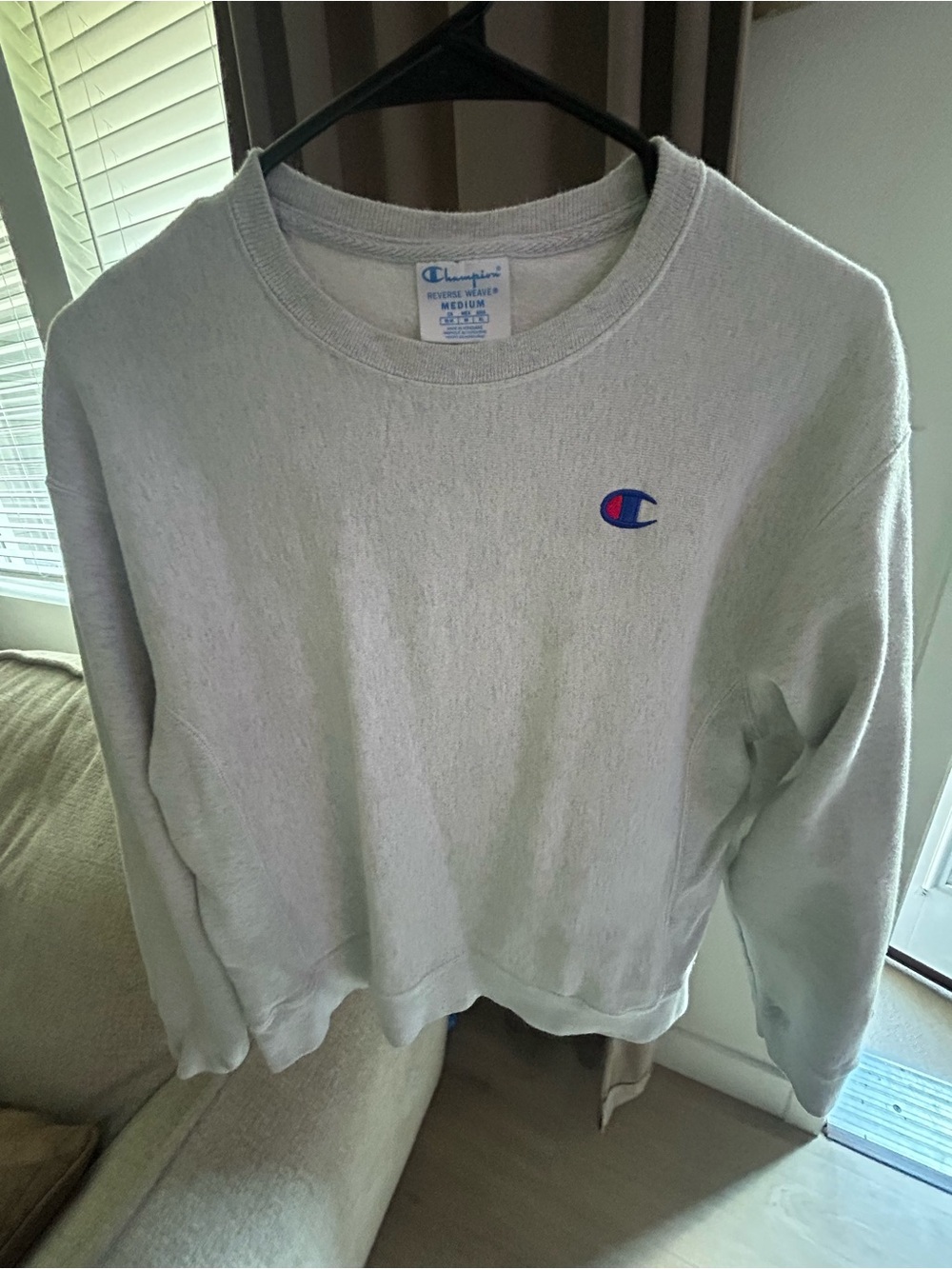 Champion Light Gray Crew Sweatshirt with Chest Patch Logo